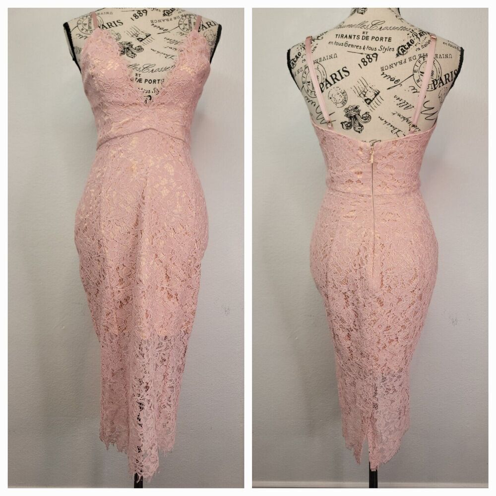 House of CB Edeta Pink Lace Plunge Dress Sheer Hem Lace Coquette Milkwife